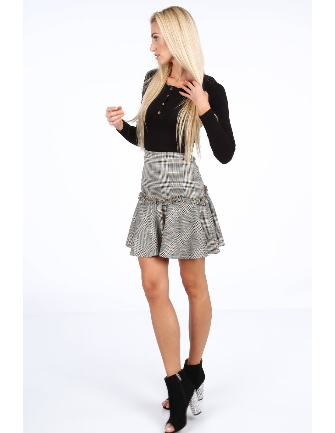 Fusta mini in carouri mustar 1881 - Magazin online - Boutique